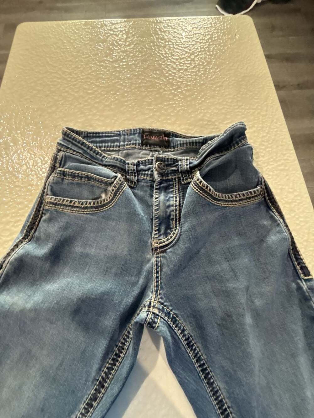 Lamasini Men's Blue Heavy Stitch Straight Leg Jeans